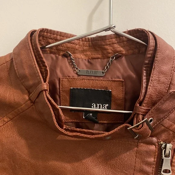 ana Faux Brown Leather Jacket Size Medium Moto Zipper - Picture 4 of 12